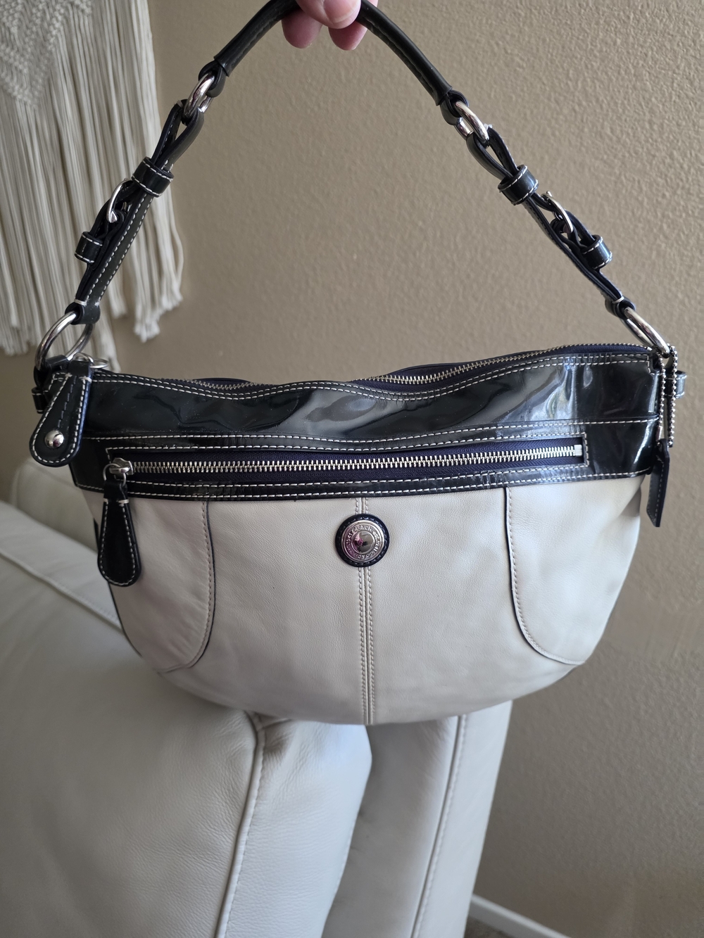 Coach Cream and Black Shoulder Bag with Patent Trim